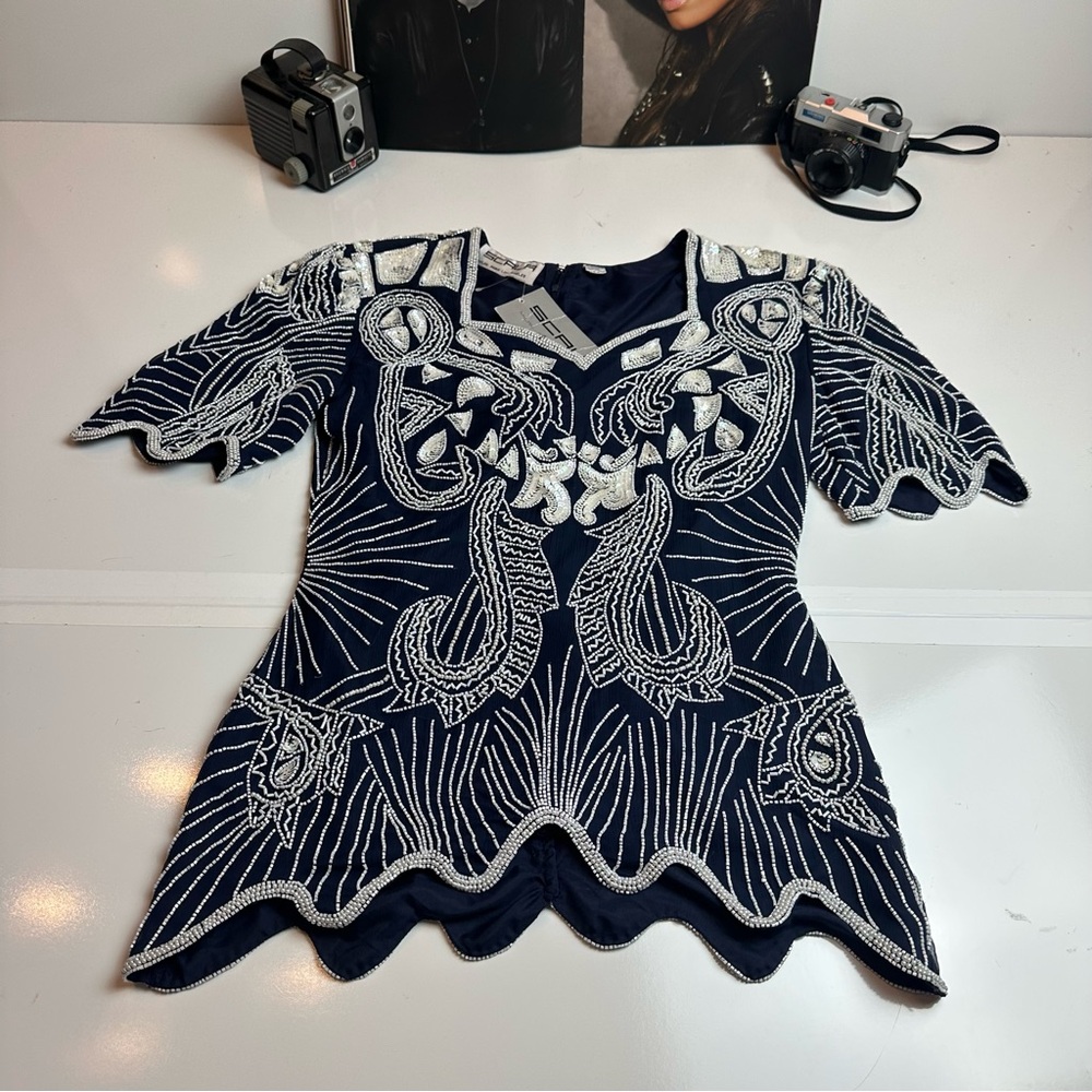 Scala Silk Beaded Cocktail Dress Navy Silver Art Deco V Neck Women’s NWT